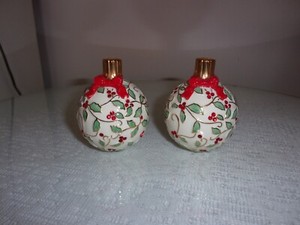 Lenox Christmas Ball Ornament Salt and Pepper Shakers w/Red Rhinestones-Set of 2