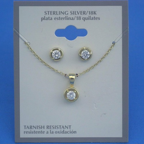 L092 Gold on Sterling Silver CZ 6mm Stud Earrings Pendant Necklace 18K/Solid 925 - Picture 1 of 3