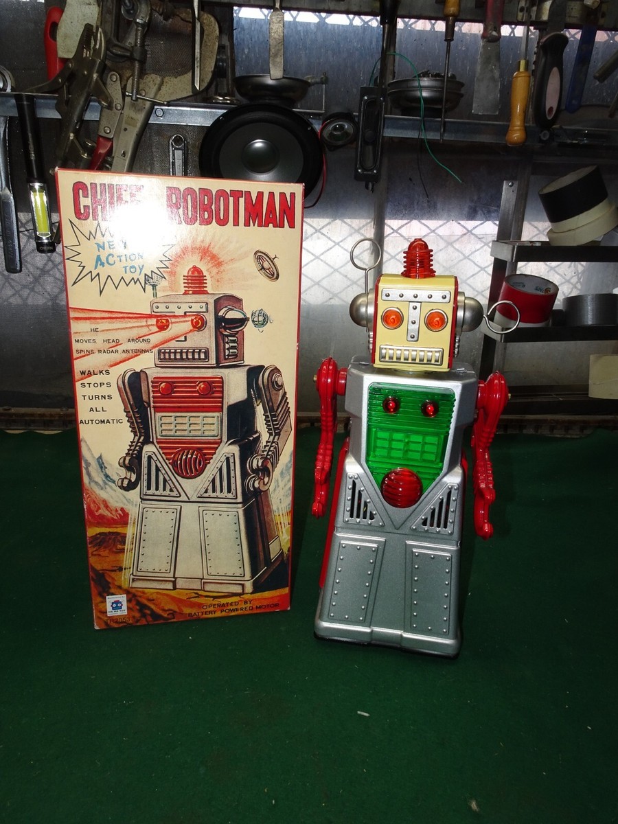Chief Robotman Robot Battery Operated Tin Toy Blue Action Figure