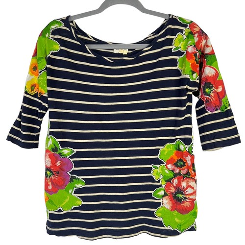 Meadow Rue Anthropologie Top XS Navy Blue Stripe Knit Floral Applique 3/4 Sleeve - 第 1/11 張圖片
