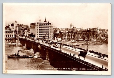 Vintage RPPC London Bridge Adelaide House Busy Street Scene Thames Boats 1920s