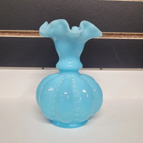 1970s Rare Fenton Blue Milk Glass Beaded Melon Double Crimped Ruffled 6" Vase
