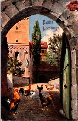Vintage Easter Greetings Postcard Chickens Archway German Art Series c.1910
