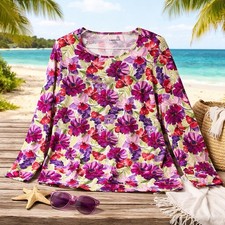 Lands' End 1X Floral Pink Rashguard UPF 50 Long Sleeve Swim Top Plus Swim Beach
