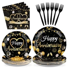 96 Pcs Happy Anniversary Decorations Disposable Black and Gold Anniversary Pa...