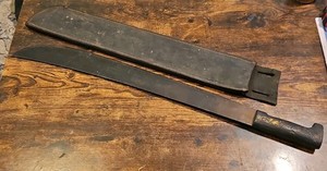 Antique Vintage Machete Hand Forged Carved Handle With Scabbard