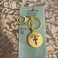 Kalan LP Faith Keyring Gold/Silver Tone Cross Faith Over Fear Keychain Brand New
