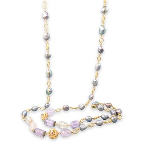 Authentic Yellow Gold Plated Sterling Quartz & Black Cultured Fresh Water Pearls 42" Neckl