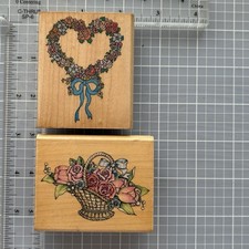 Lot of 2 Rubber Stamps Victorian Country Cottage Floral Basket Heart Wreath