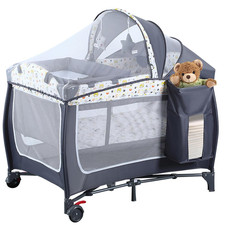 4-in-1 Portable Baby Playard with Changing Table  Wheels - Grey