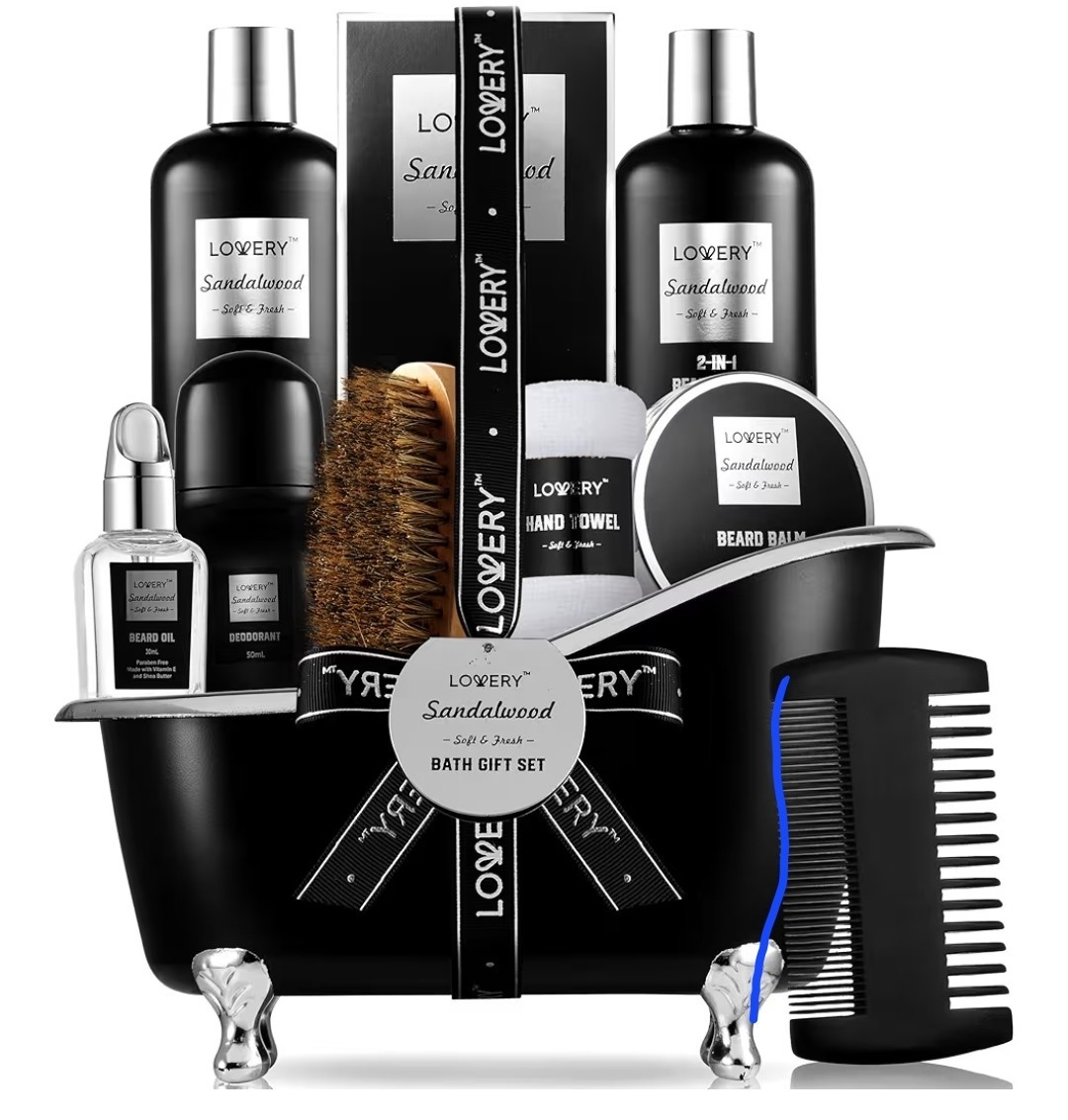 Lovery Sandalwood Bath Gift Set for Men, Alcohol-Free, Beard Oil, Balm, Comb
