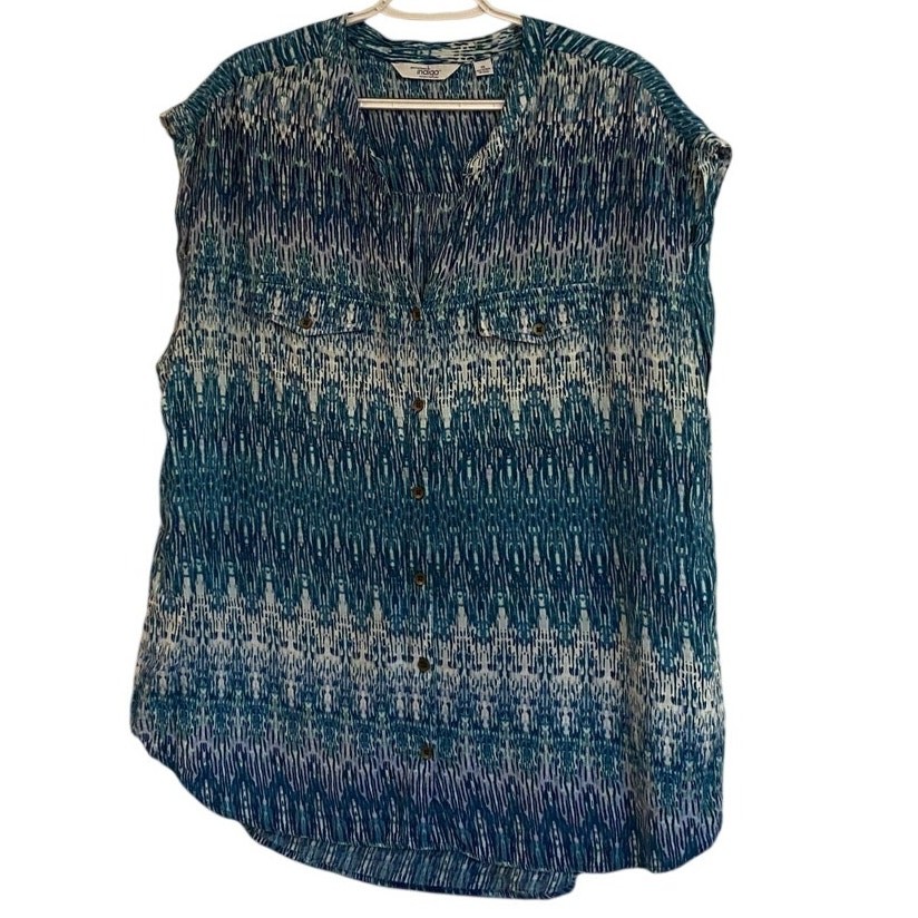 Indigo Blue Patterned Sleeveless Button Front Blo… - image 2