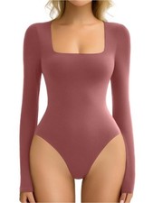 New Pumiey Square Neck Buttery Soft Long Sleeve Bodysuit in Rose Red Size XS