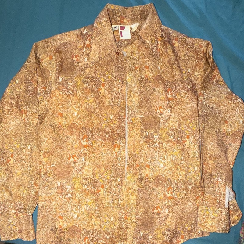 Playboy Impulse Men's L Cotton Woven Floral Button-Up Shirt Brown Orange