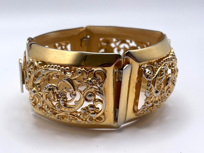 Vintage Napier Pat Pend Gold Tone Filigree Panel Link Bracelet Wide Ornate 7''