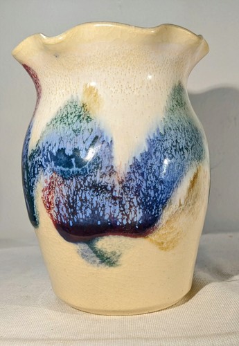 Vintage D.K. Clay Studio Drip Glaze Ruffled Rim Vase 5" Sanford, North Carolina - Picture 5 of 11