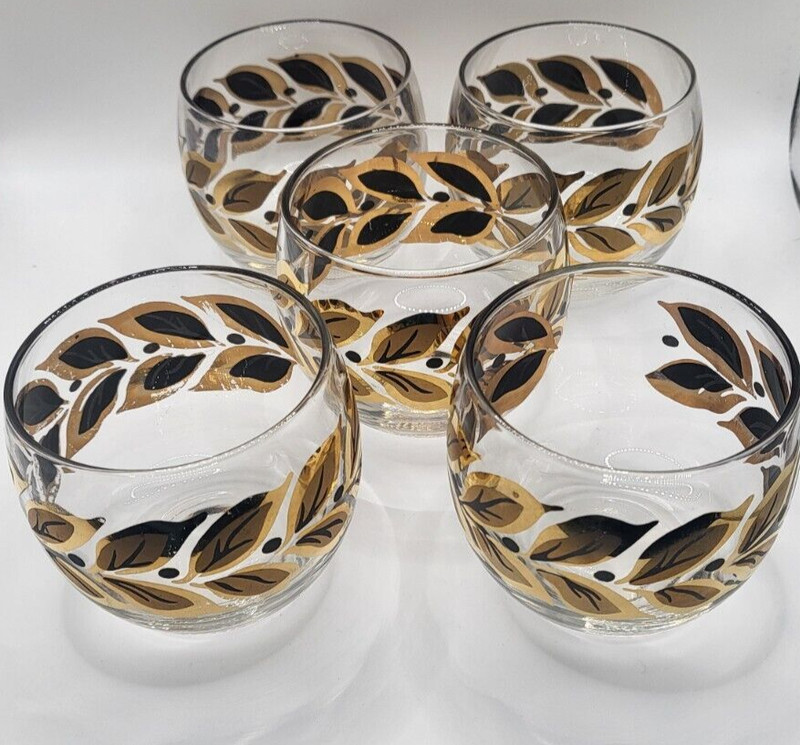 LOT of 5 ~ MCM Roly Poly Barware Gold Black Laurel Leaf  ~ 6oz.