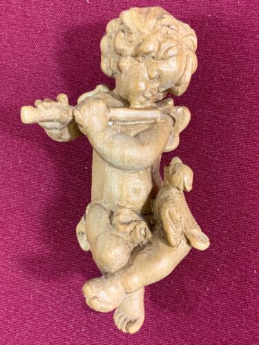 PUTTO ANGEL MUSICIZING WITH FLUTE AND BIRD WOOD SOLID HEIGHT 11cm - Picture 1 of 7