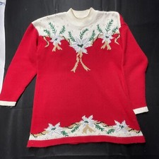 Vintage Christmas Sweater Womens Sz L Poinsettia Wool Blend Floral Dana Scott