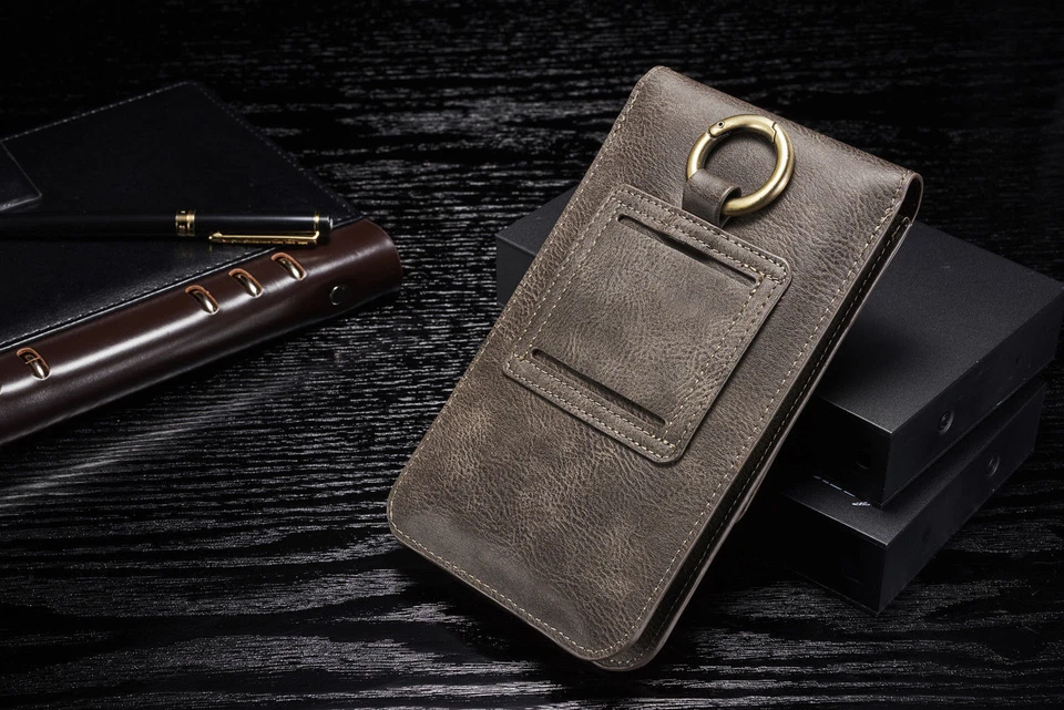 Estuche de cuero para tarjeta de gran capacidad bolsa con clip para cinturón funda con anillo para teléfono celular Foto 4 de 4