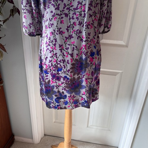 Monsoon Shift Dress Size 10 Silk Satin Purple Pink Floral Knee Length Stunning - Picture 9 of 16