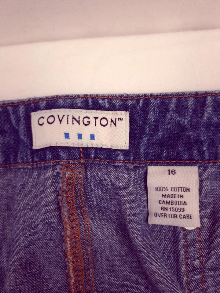 COVINGTON 100 % Azul Algodón Denim Línea A Estilo Falda Cuero Acento Para Mujer Talla 16 Foto 2 de 4