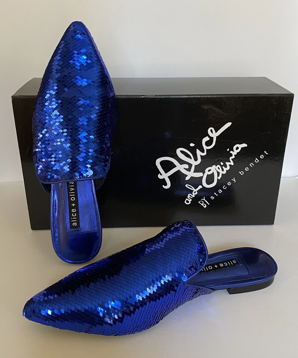 NIB Alice Olivia Madalyn Blue Sequined Shoes Slide Mules Flats