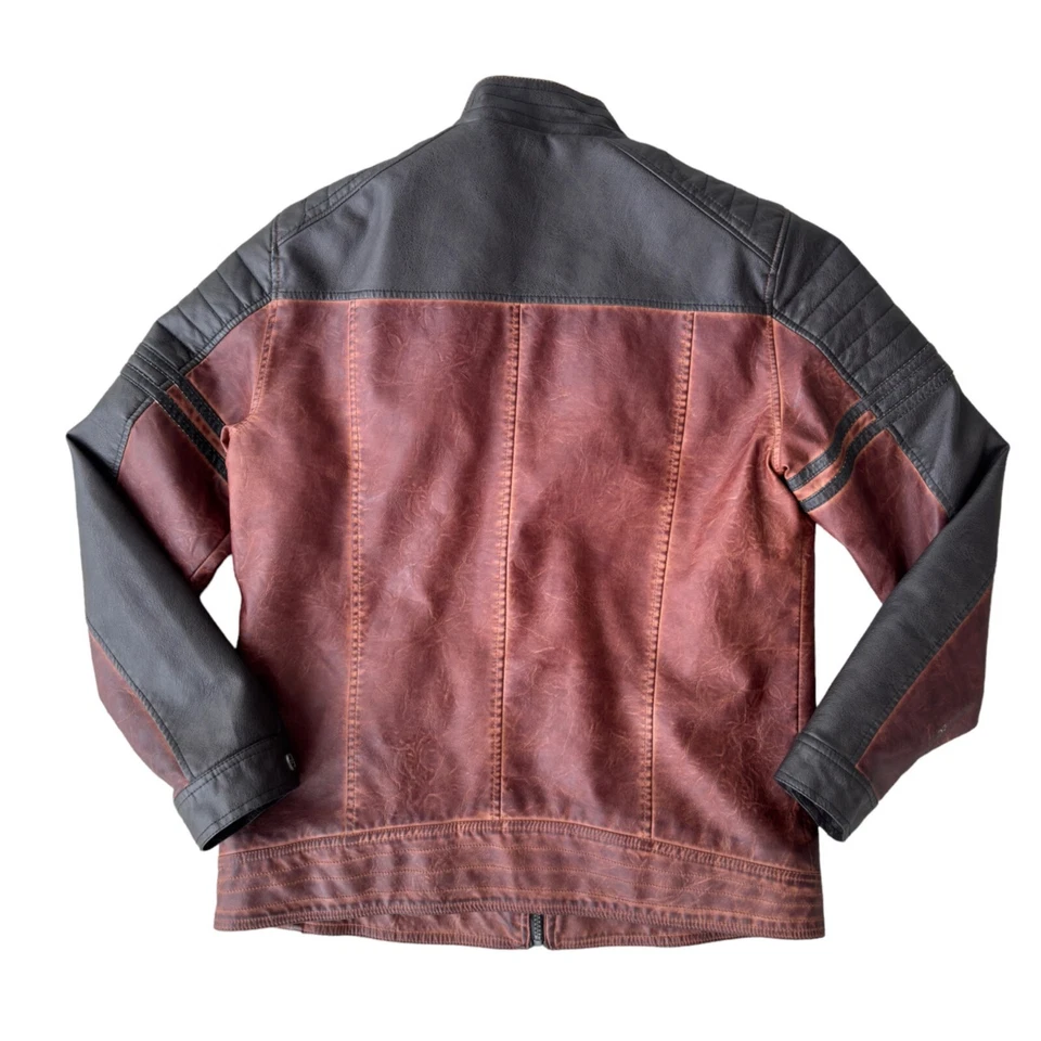 Buckle Color Block 2-Tone Vegan Leather Moto Jacket Burgundy / Black Men's M - Image 2 of 4