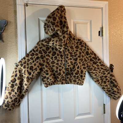Shein Women S Fleece Sherpa Sweatshirt Hoodie Cheetah Leopard Crop