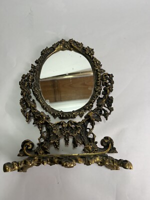 Barock ovaler Spiegel 24x34 cm antik Messinggestell, Vintage Tisch Wohndeko