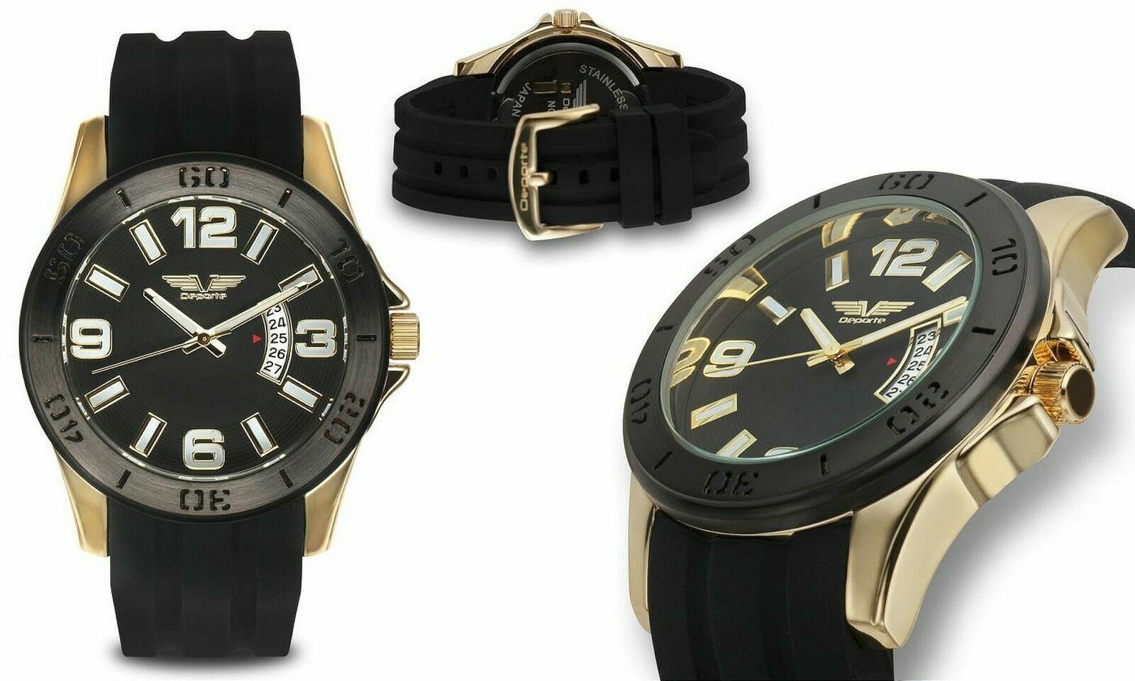 NEW Deporte 9898 Men's SERRES Series Black Bezel Silicone Yellow Gold Case Watch