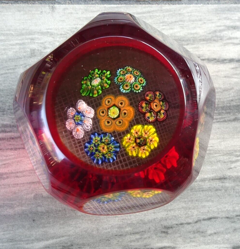 MAGNUM Murano Art Glass Ruby Overlay Cut Faceted Millefiori Rondelle Paperweight - Picture 12 of 19