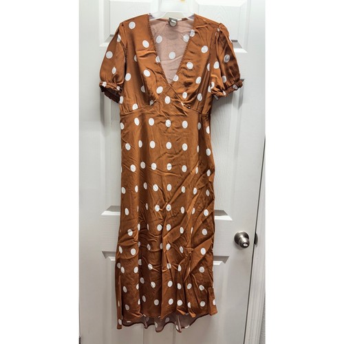 Abito donna A New Day taglia XL marrone crepe scollo a V bianco a pois manica a sbuffo