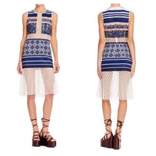 Clover Canyon Lace Inset Neoprene Marine Garden Floral Midi Dress Large Cocktail