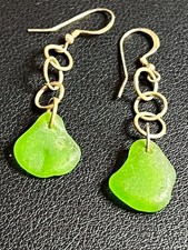 B7182 Artisan Sea Glass Dangle Earrings Sterling Silver green 2.2" Drop Beach