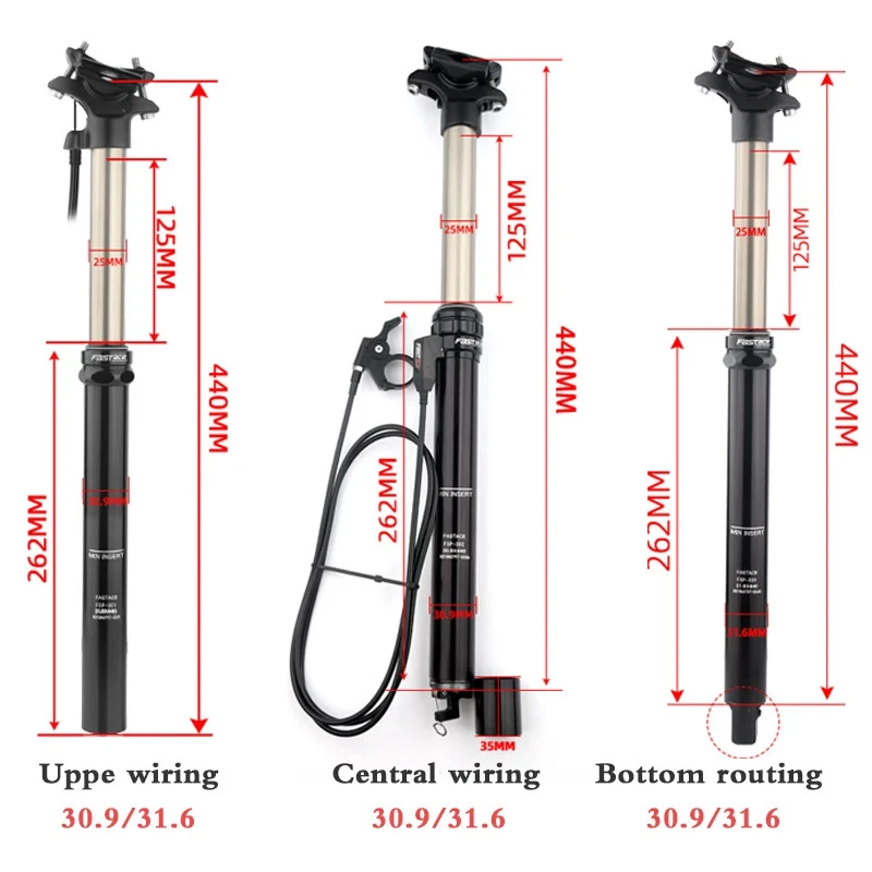 Tijas de sillín ajustables 30,9/31,6 mm MTB 440 mm cable de enrutamiento interno tubos de asiento Foto 3 de 4