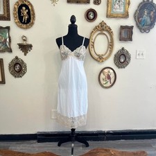Van Raalte Vintage Lace Trim Midi Slip Dress Size 34 White Nylon