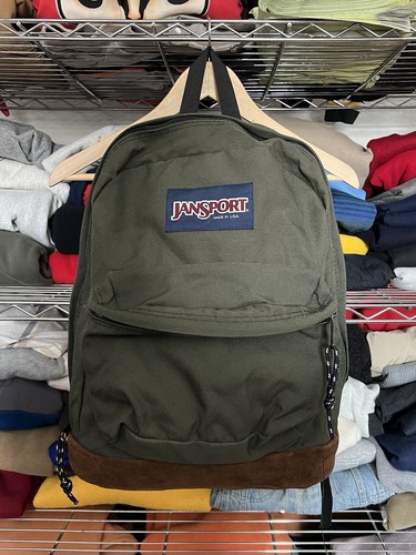 Vintage 90s Jansport Backpack Olive Green Brown Leather Bottom MADE IN USA