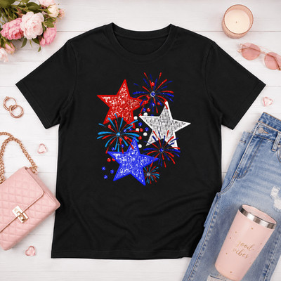 Patriotic Red White & Blue Stars T-Shirt Firework Celebration Graphic Tee