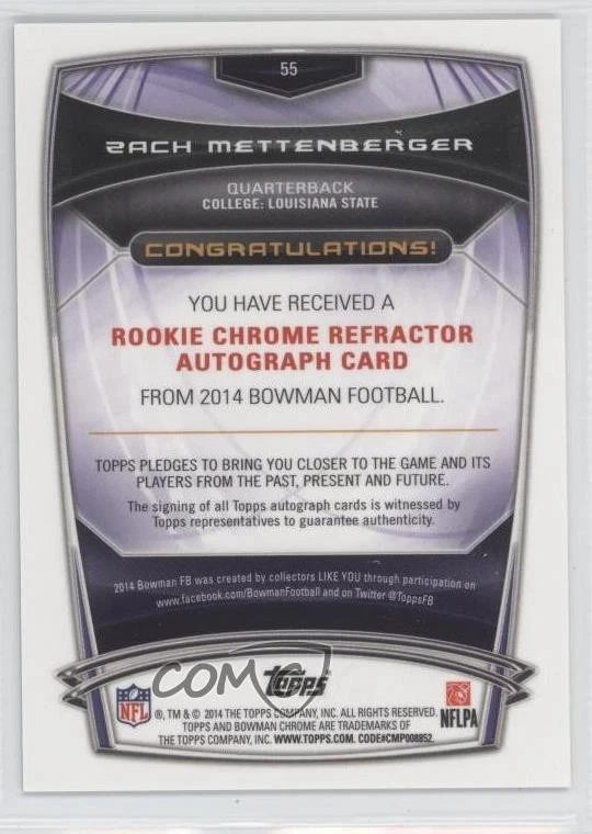2014 Bowman Rookie Chrome Refractor Auto Zach Mettenberger #55 Auto RC - Image 2 of 2