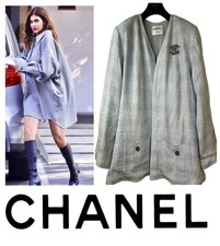 Chanel Vintage 1995 Gray Blue Tweed Jacket 44 46 48 12 14 16 CC Logo Coat L XL