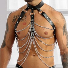 Herren Sexy Brust Harness Leder BDSM Bondage Fesseln Korsett mit Halsband Ketten