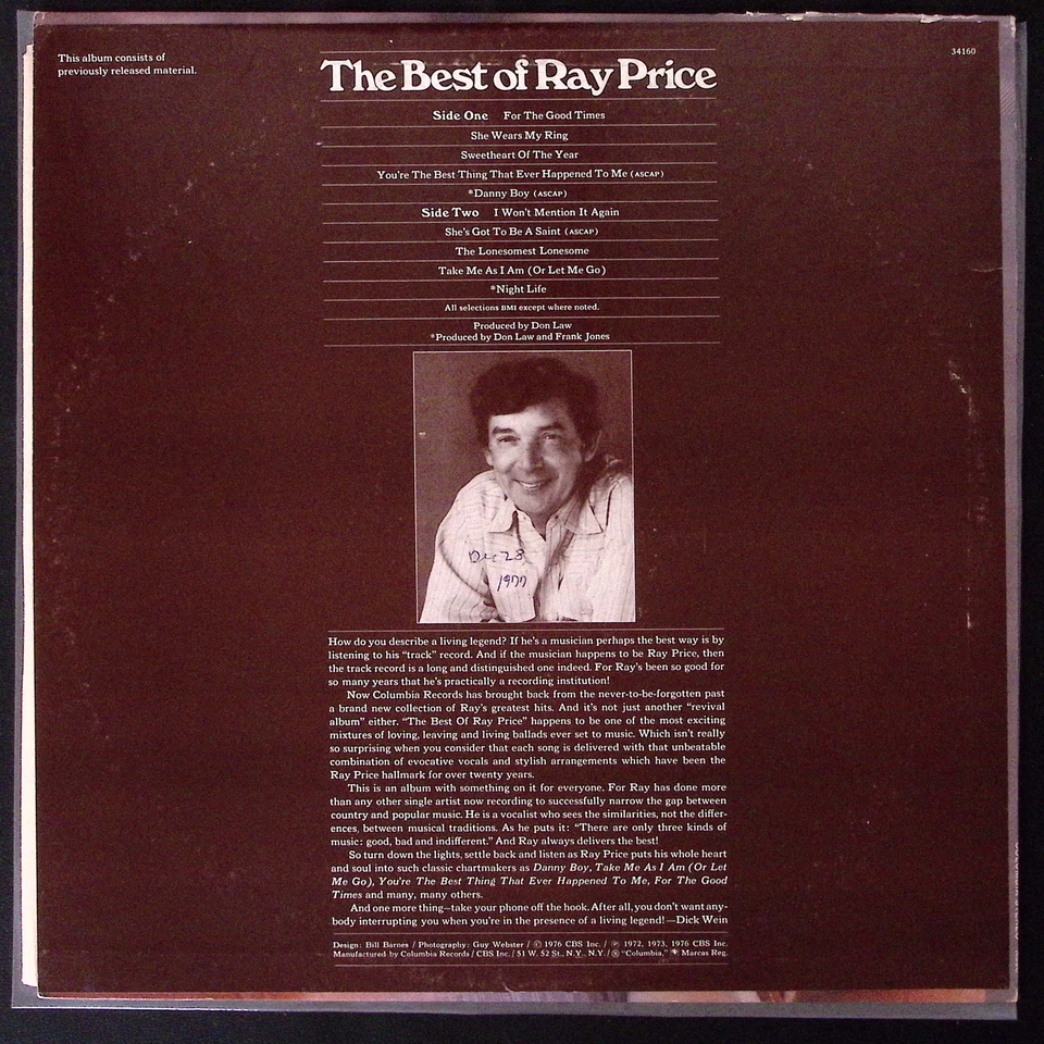 RAY PRICE THE BEST OF RAY PRICE COLUMBIA RECORDS   LP 140-11W - Image 2 of 4