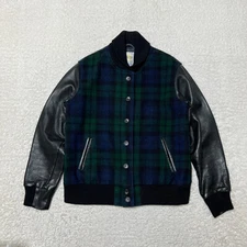 J Crew Golden Bear Jacket Women Large Green Tartan Wool Varsity Buttons USA