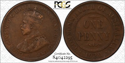 米国にて購入【Penny 】 1920 Australian 1 Penny World Coin PCGS VF25 - No Dots