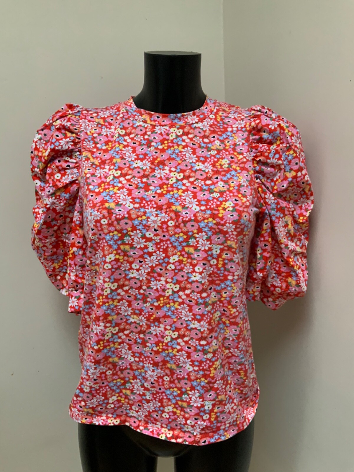 GEORGE Red Floral Puff Sleeve Jersey Top UK 10 Summer Stretch Ditsy Print New