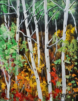 YARY DLUHOS Aspen Birch Trees Landscape Autumn Colors Original Art Oil Painting