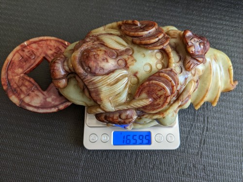 Unique Big China Natural Jade Fengshui Frog With Coins Statue 1660 Grams - Picture 10 of 12