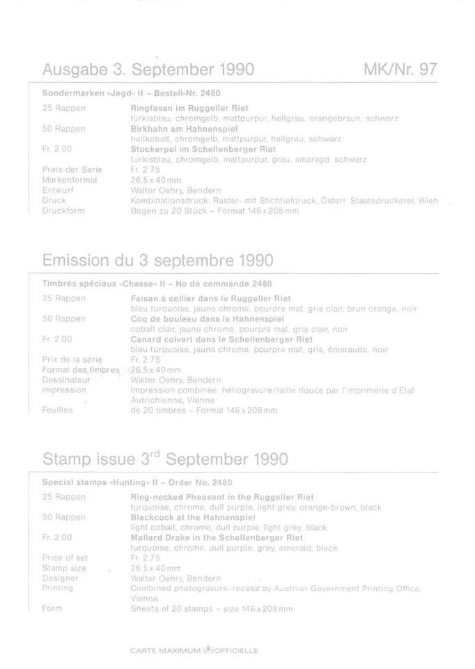 Maximum Card FDC LIECHTENSTEIN Hunting II 1990 September MK 97 N2 - Image 2 of 2