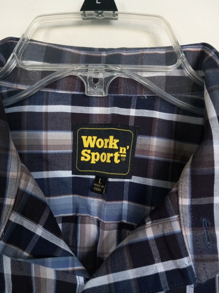Work N Sport Men's Long Sleeve Button Up Shirt Brown Blue Plaid Size L
